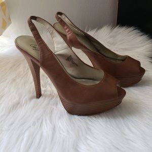 Camel colored peeptoe pumps